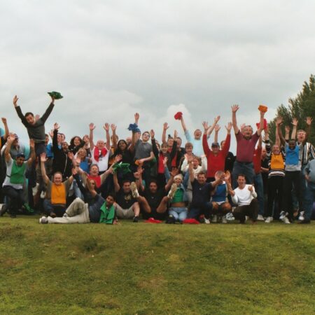 A corporate group doing a leadership team activity